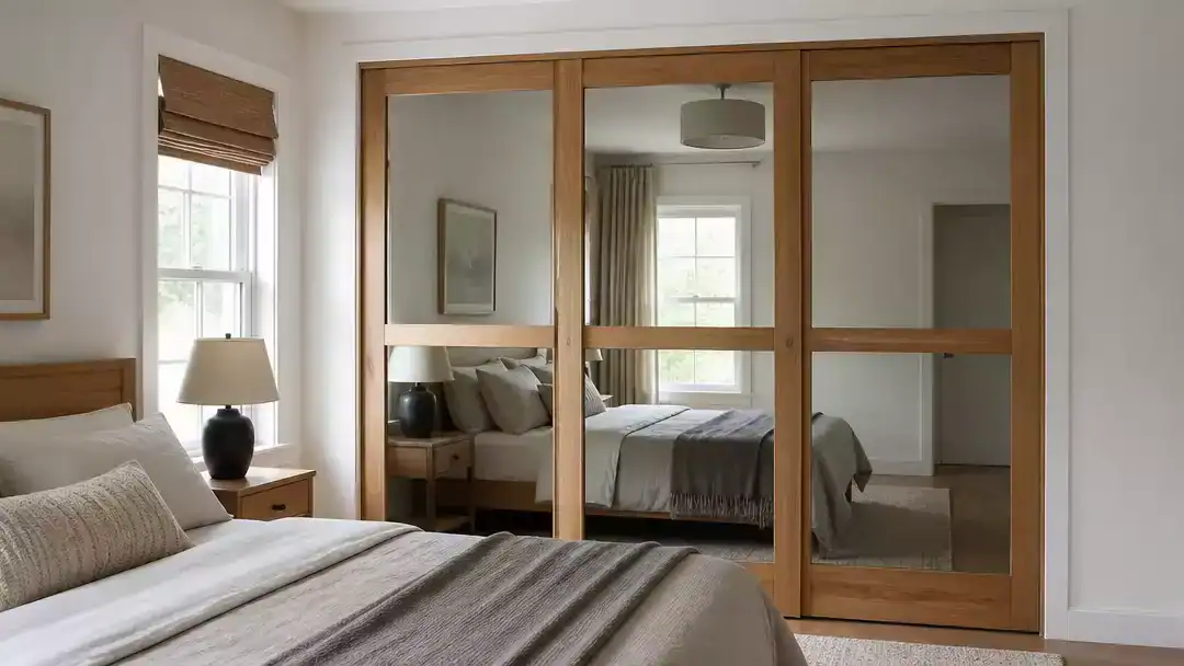 Mirrored Closet Doors Wrapped in Oak to Look Like Real Wood Panels