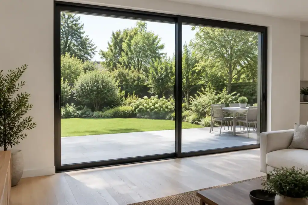 A sliding glass patio door with slim black frames seen from inside a bright living room