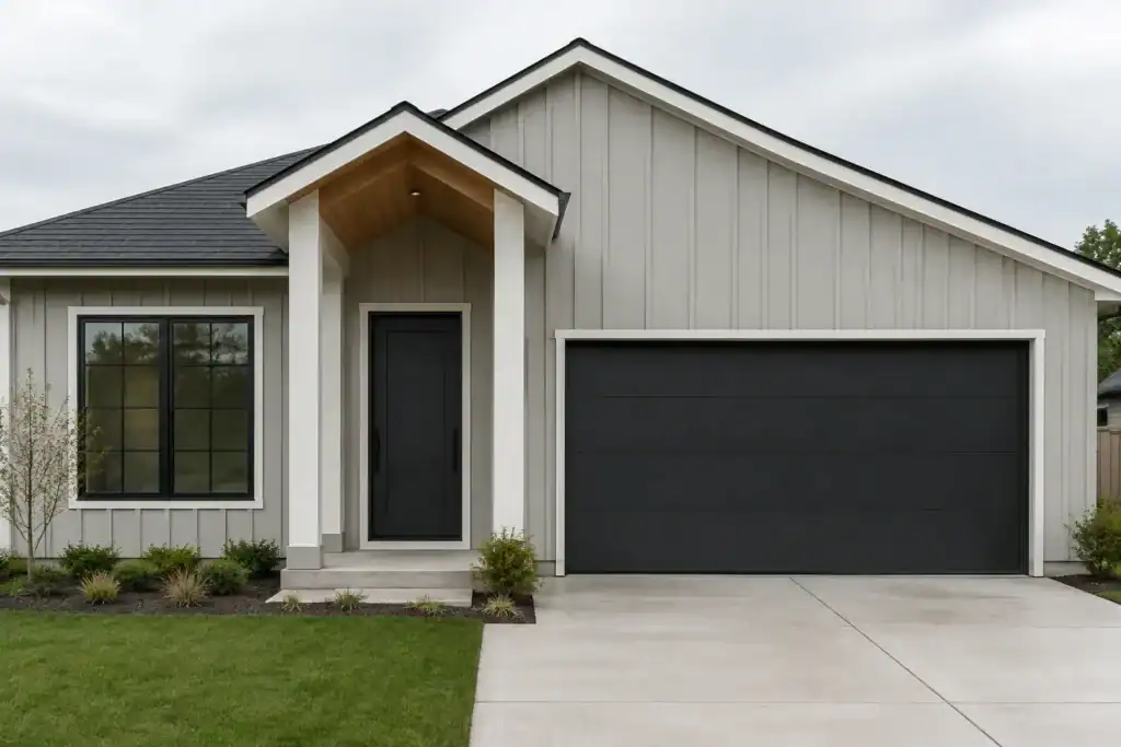 A modern gray house where the front door, garage door and window frames are all matte black.