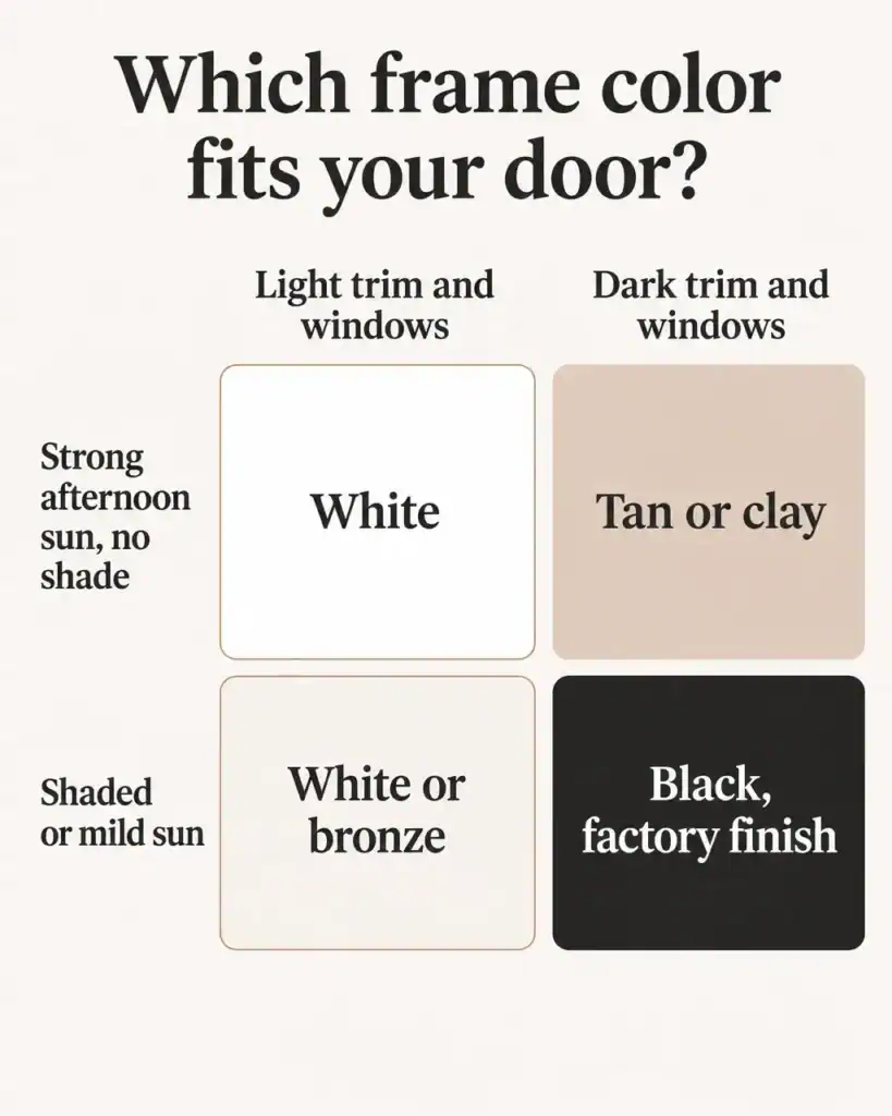Two by two chart matching patio door frame color to afternoon sun and existing trim color