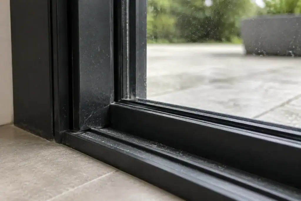 Close-up of a black sliding patio door frame corner showing a light film of dust and water spots