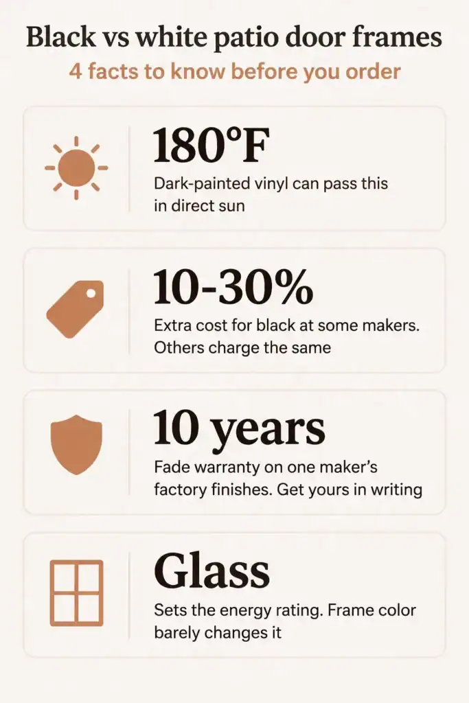 Infographic with four facts about black vs white patio door frames: heat, price premium, fade warranty and energy rating