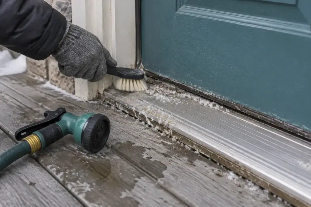 A gloved hand brushing sand and salt from the threshold of a teal front door, with a garden hose lying on the porch.