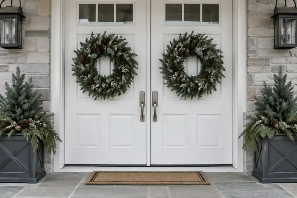White double front doors with a matching greenery wreath centered on each door at the same height.