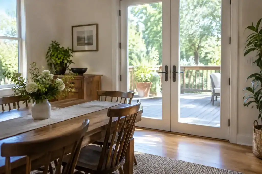 French doors opening from a dining room onto a wooden deck