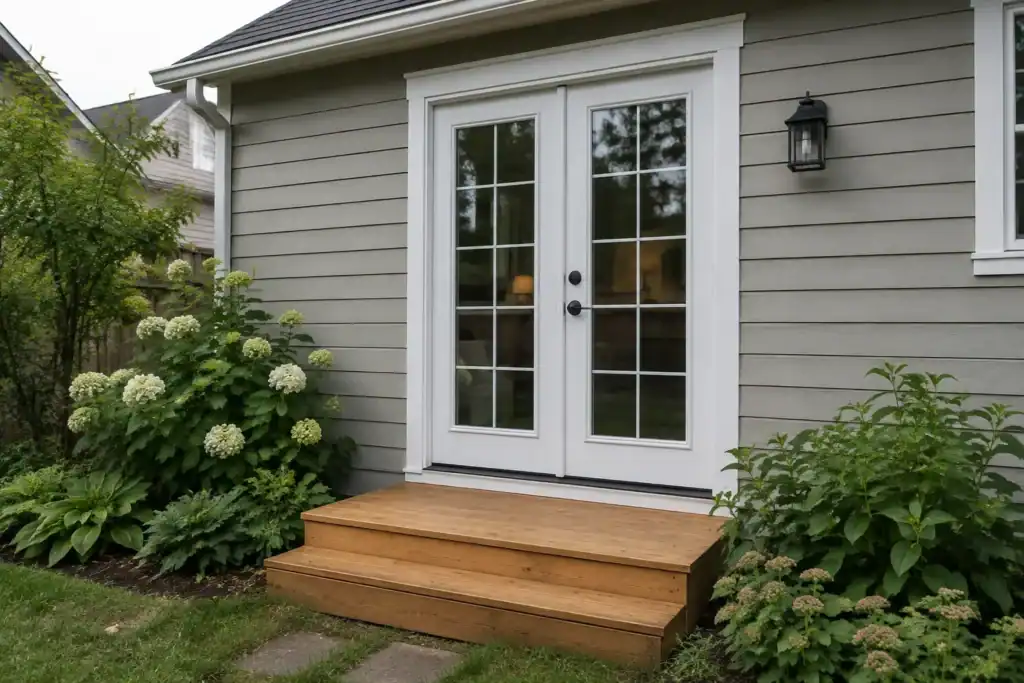 White French doors set in an exterior wall with a small landing and a step outside