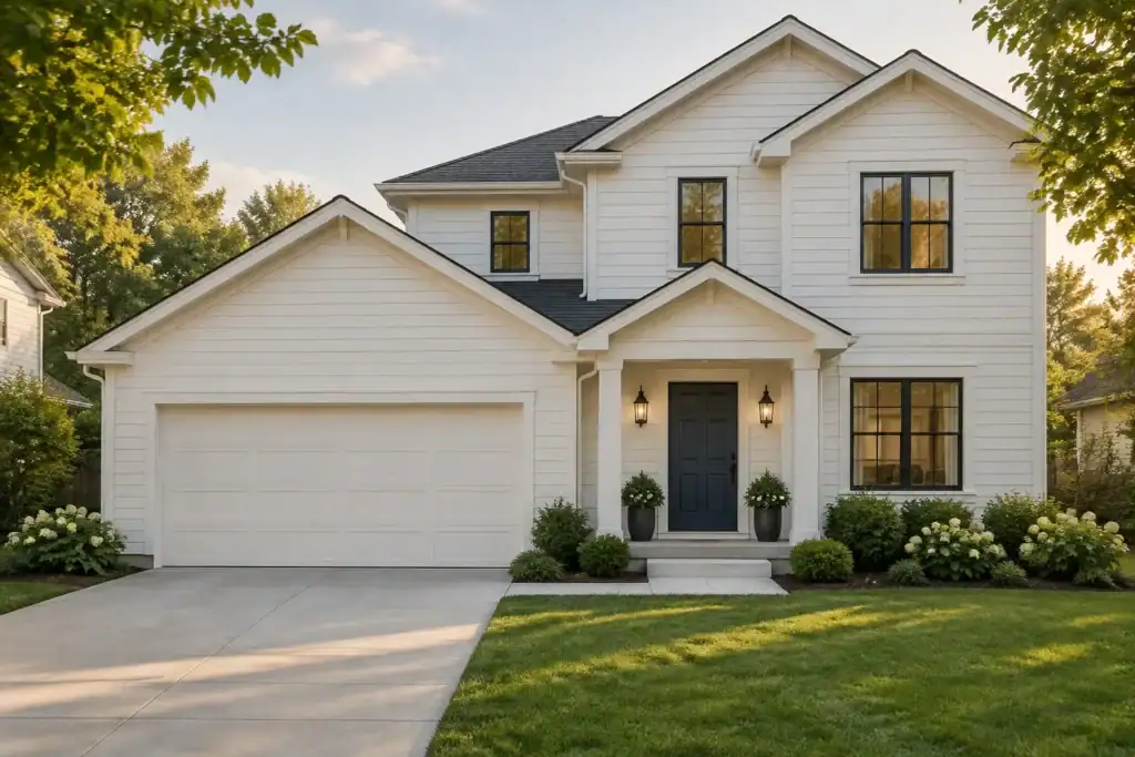 A white house with a navy blue front door and a two-car garage door painted the same white as the siding.