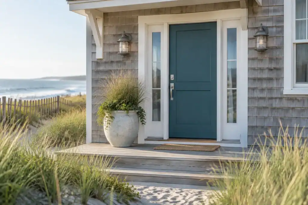 A teal front door with a stainless steel handleset on a gray shingled coastal cottage, with dune grass and a sandy path in front.