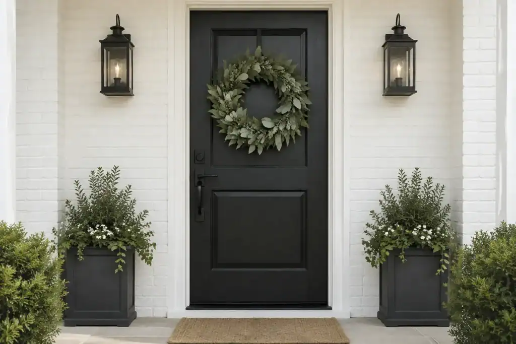 A black front door with a round eucalyptus wreath about two thirds of the door width, centered at eye level with even space on each side.