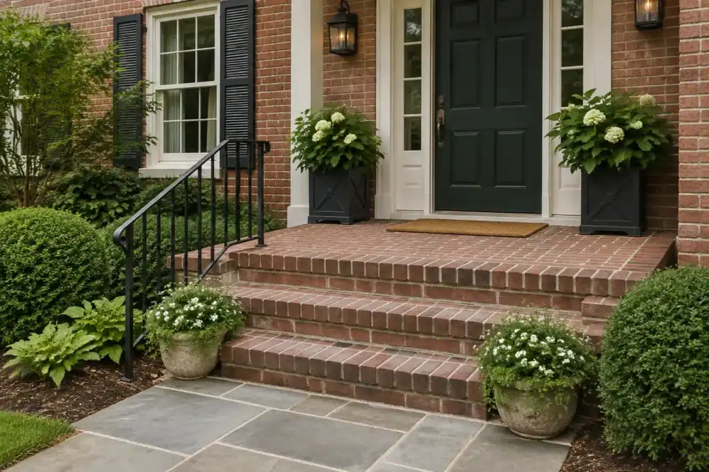 Three brick front steps leading to a square landing at a dark green front door, with a black railing on one side and a stone walkway below.