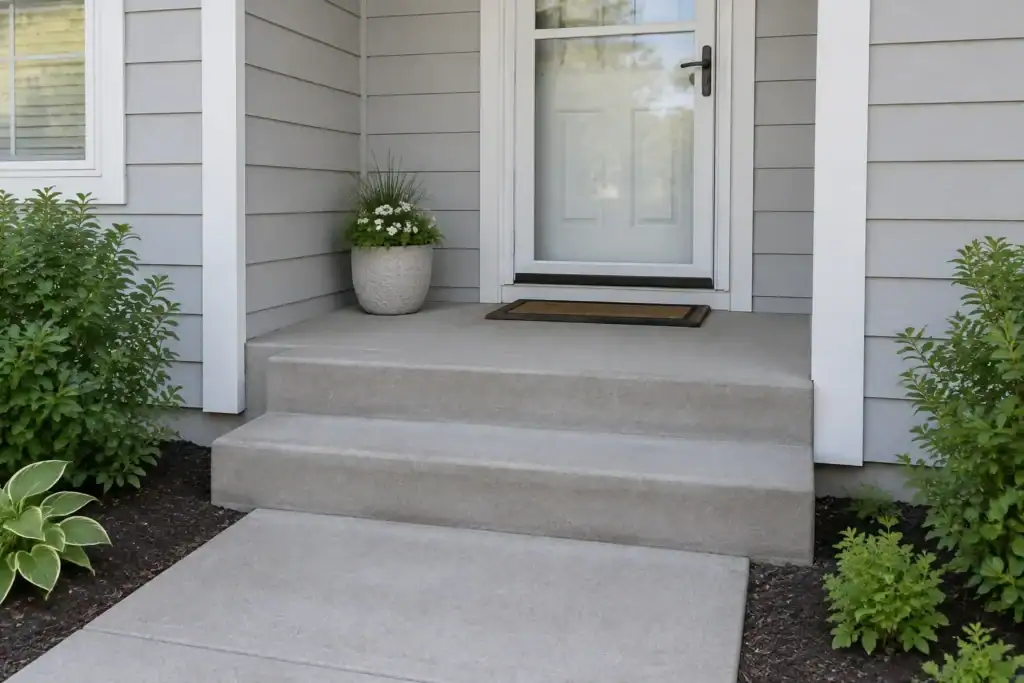 A small concrete stoop with two risers and a deep landing in front of a white front door with a screen door, beside a short walkway.