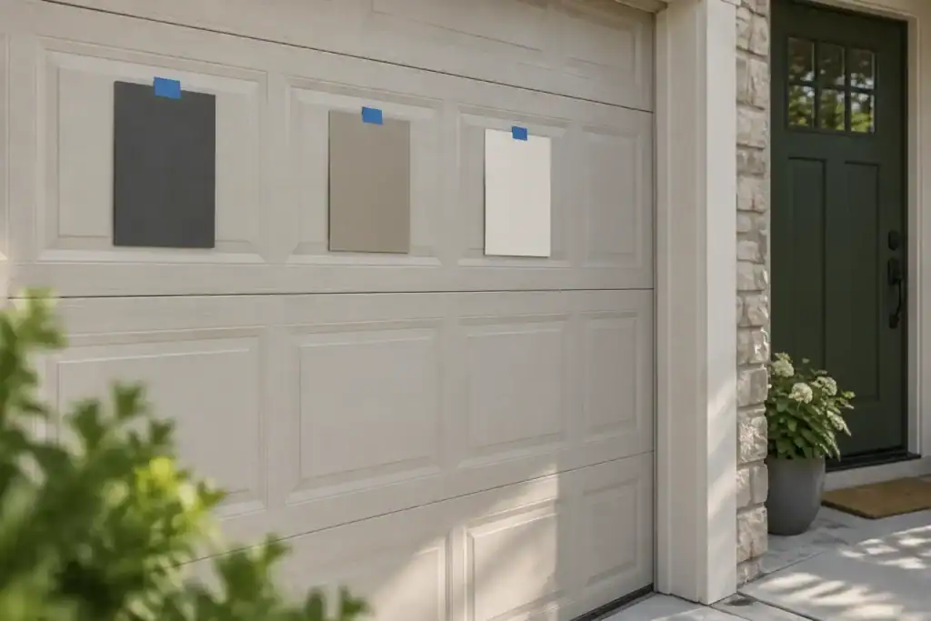 Three paint sample boards taped to a garage door panel in charcoal, greige and white, with a green front door at the edge of the frame.