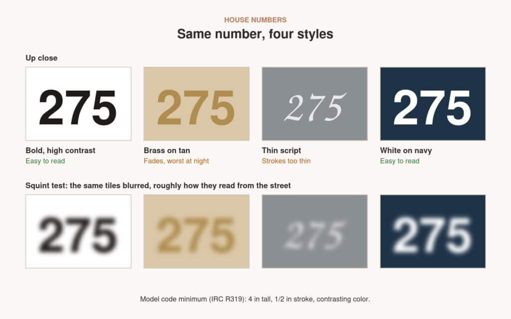 The house number 275 in four styles: bold black on white, brass on tan, thin script on gray and white on navy, shown sharp and then blurred to show which stay readable from a distance.