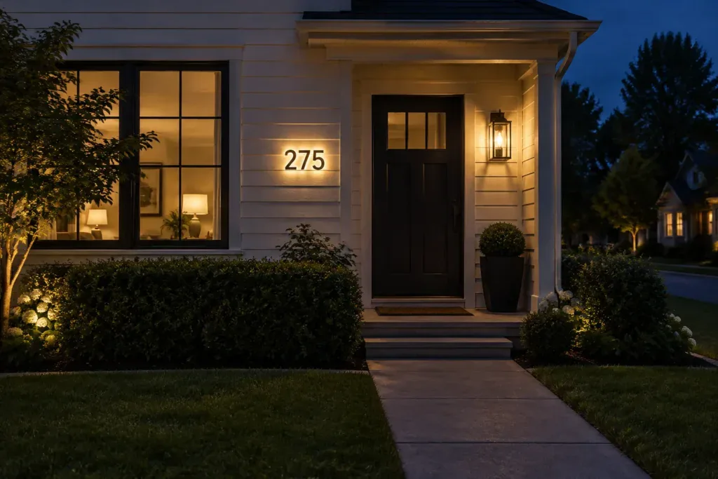 Backlit house numbers 275 glowing beside a front door at night, seen from the front walk.