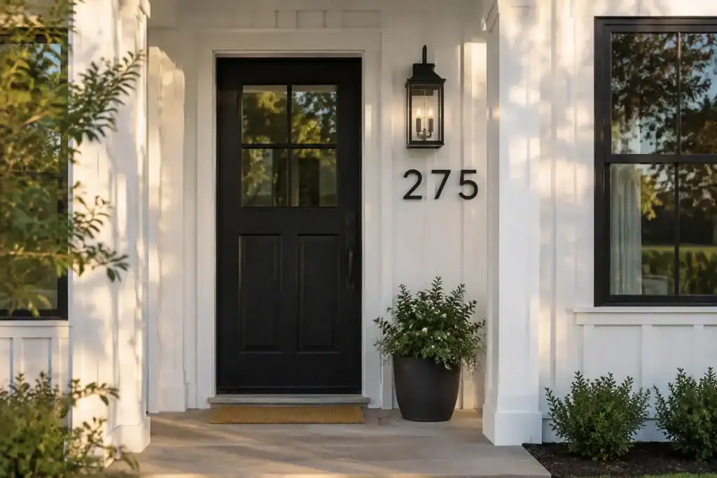 Large black house numbers 275 on white board-and-batten siding beside a black front door.