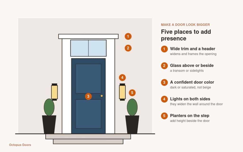 Diagram of a navy front door with a wide trim, header, transom, lanterns and planters, with five numbered places to add visual presence.