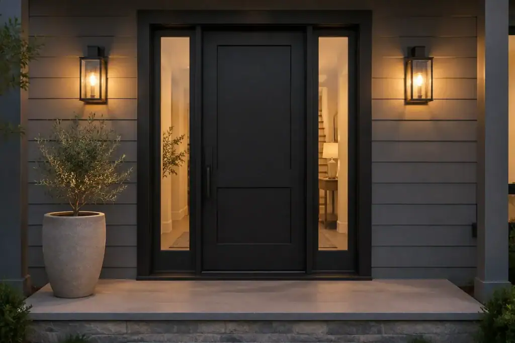 A black front door with two narrow glass sidelights and wide black trim on a gray house, lit from inside at dusk.