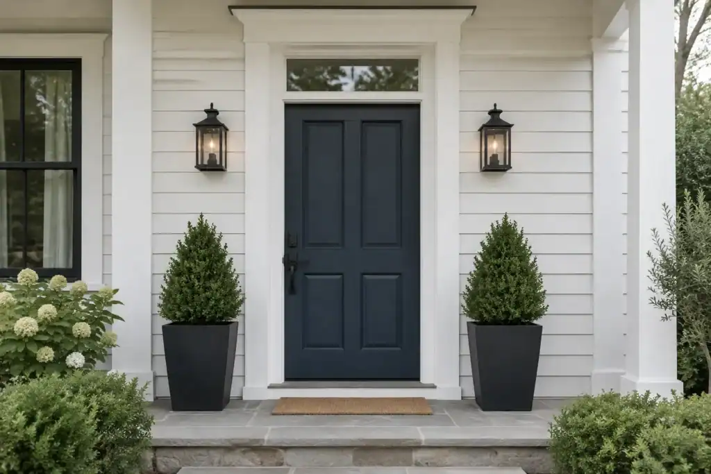 A navy front door on a white house framed by wide white trim, a flat header and a glass transom, with a pair of black lanterns on either side.