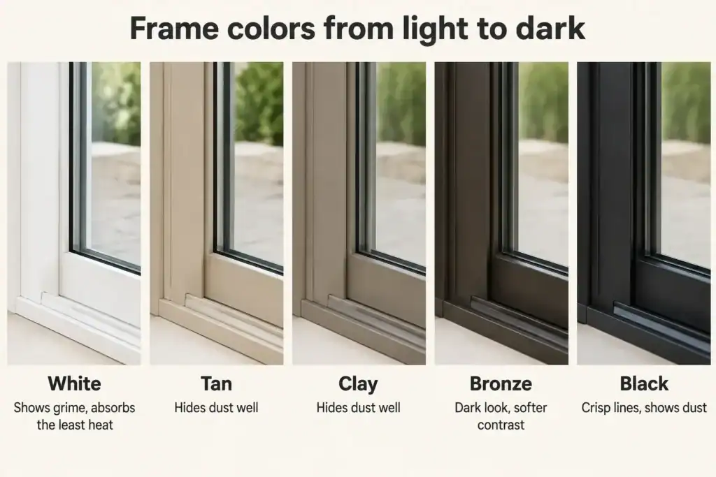 Five patio door frame color samples in white, tan, clay, bronze and black with a short note under each