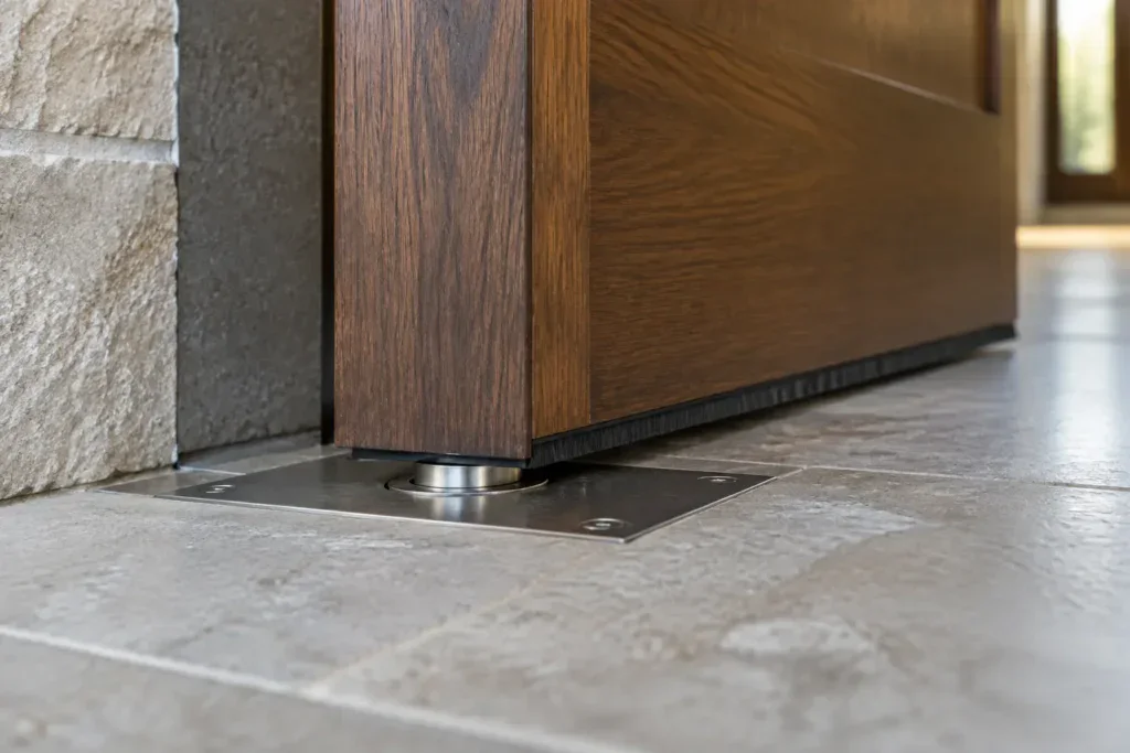 Close-up of the bottom of a wood pivot door sitting on a flush floor pivot plate in a stone threshold