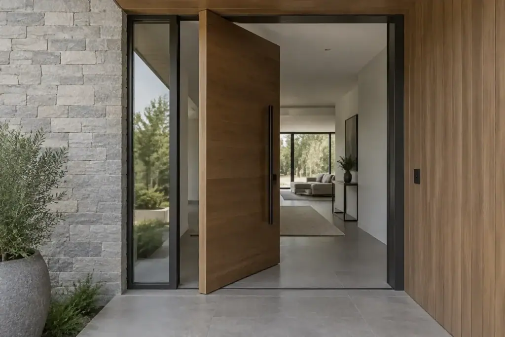 A wide wood and glass pivot front door open about 90 degrees on a covered porch