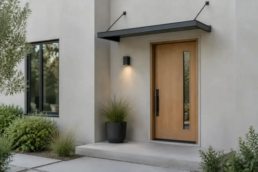 A slim black metal awning with a slight slope projecting over a natural wood front door on a light gray stucco house.