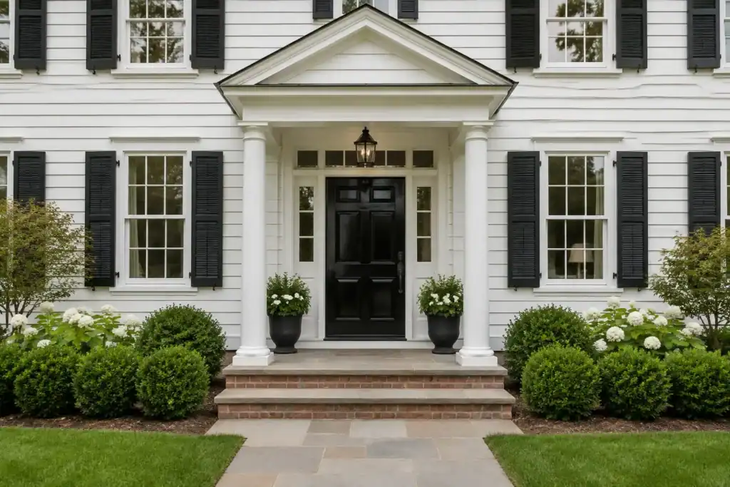 A white colonial house with a small gabled portico on two white round columns over a black front door and a shallow stone stoop.