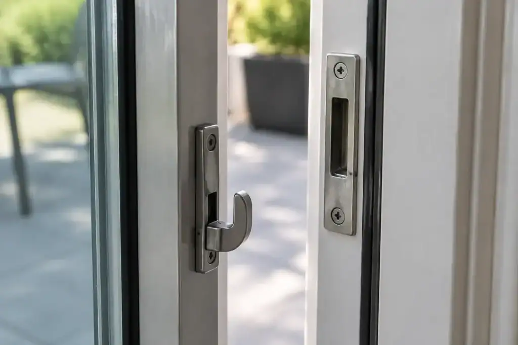 A sliding door latch hook sitting slightly lower than the slot in the strike plate on the jamb