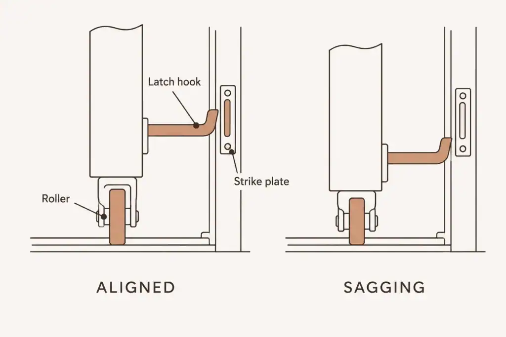 Diagram comparing an aligned sliding door where the latch hook meets the strike plate with a sagging door where it misses