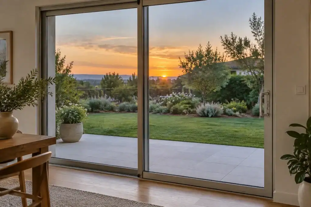 A closed sliding glass patio door seen from inside with its handle and lock at hand height