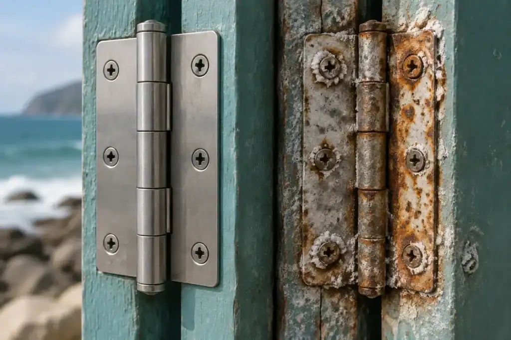 A clean stainless steel door hinge beside a plated hinge with rust spots and white salt crust around the screws.