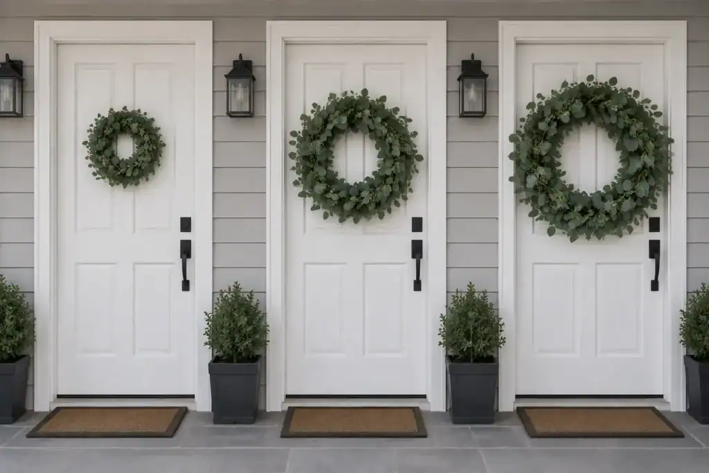 Three identical white front doors side by side with wreaths that are too small, about right and too large for the door width.