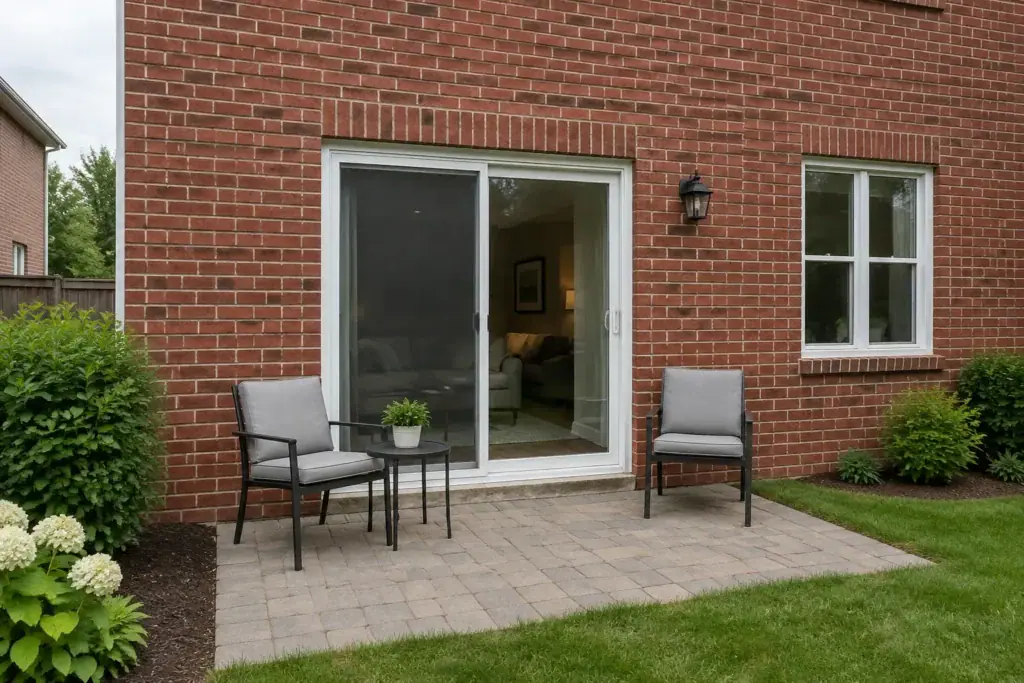 A white-framed sliding glass patio door on the back of a red brick house