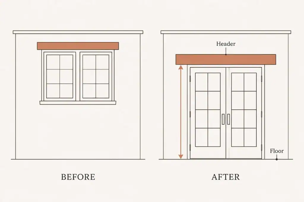 Diagram of a wall before and after a window is replaced by a door, labelled BEFORE, AFTER, Header and Floor